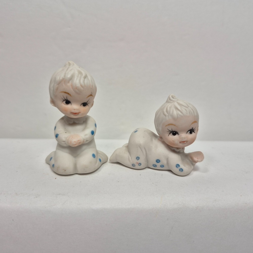 Vintage Napco Baby of the Month Mini Figurine Lot- Blue Dots Two Figures